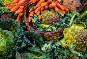 A vibrant display of fresh carrots, cabbages, and romanesco broccoli in a rustic wicker basket photo