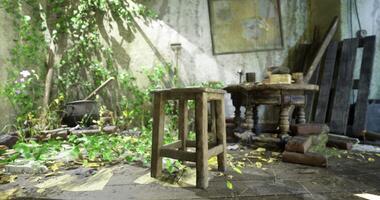 CGI Abandoned garden room with rustic furniture and overgrown plants in sunlight video