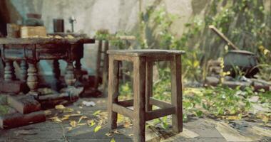 CGI Wooden stool in a rustic setting surrounded by greenery and vintage items video