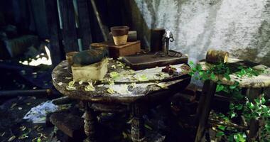 CGI Forgotten workspace covered in natures embrace shows signs of time passing video