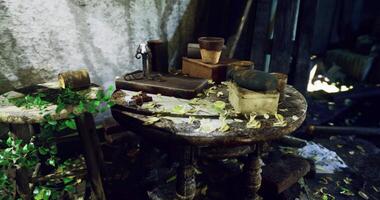 CGI Abandoned table with old items and overgrown plants in a forgotten space video