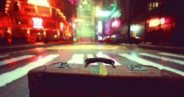 CGI Suitcase placed on a neon lit street in a vibrant urban setting at night video