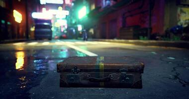 CGI Rusty suitcase sits on a wet urban street lined with colorful neon lights video