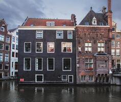 Buildings along the canal in amsterdam with reflections in the water and a cloudy sky above them photo