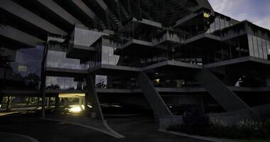 CGI Modern architectural design showcasing a multi level structure at dusk video