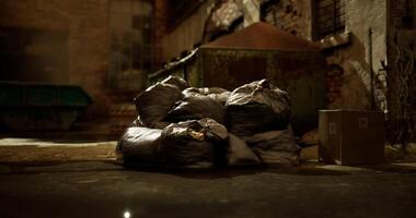 CGI Piles of garbage bags behind an old building in a dimly lit alley video