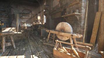 The CGI Old carpentry workshop filled with vintage tools and rustic wooden features video