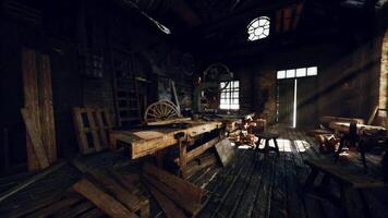 The CGI Old carpentry workshop filled with vintage tools and rustic wooden furniture video