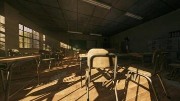 CGI Abandoned school classroom with sunlight casting shadows on empty desks video