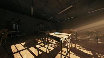 The CGI Abandoned school classroom with sunlight casting shadows on empty desks video