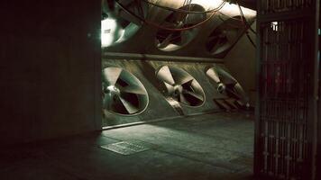 The Concept of CGI Large industrial fans in a dimly lit ventilation area of a building video