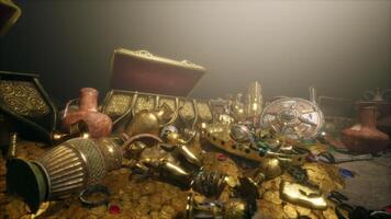 CGI Golden treasures hidden in a secret dungeon full of ancient artifacts video