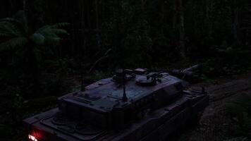 CGI Military tank maneuvers through dense jungle terrain during twilight hours video