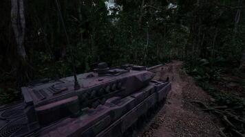 CGI Military tank navigating through dense jungle terrain during twilight hours video