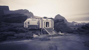 The CGI Colonist base established on a distant planet surrounded by rocky terrain video