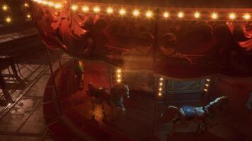 Cinematic CGI Empty amusement park at night with illuminated carousel and quiet surroundings video