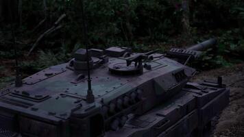 CGI Military tank positioned in dense jungle environment during twilight hours video