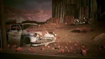CGI Abandoned vintage car and motorcycle in a desolate desert landscape video