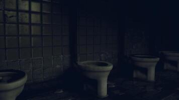 The cinematic CGI Abandoned restroom with old toilets in a dimly lit setting video