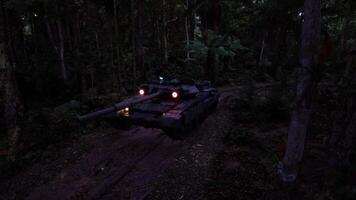 The concept of CGI Military tank maneuvers through dense jungle terrain during twilight hours video