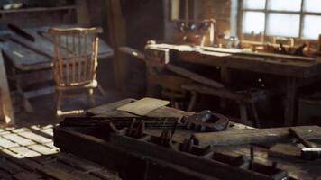 CGI Old carpentry workshop filled with vintage tools and rustic wooden furniture video