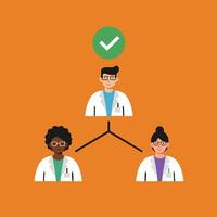 Diverse medical professionals connected in organizational chart with approval checkmark on orange background vector
