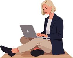 Woman working on laptop sitting cross legged casual outfit indoor focused expression digital device use vector