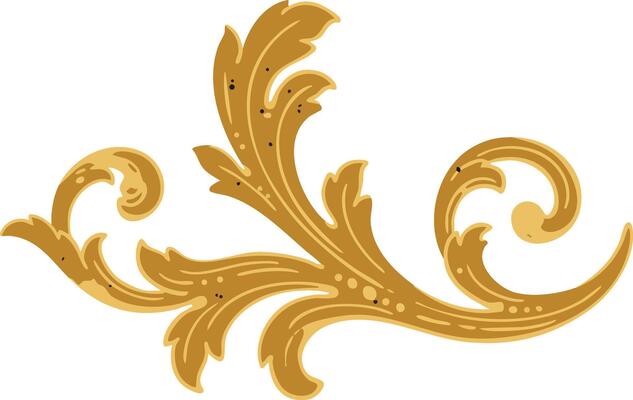 Ornate golden baroque floral swirl decorative design element on white background for vintage style embellishment