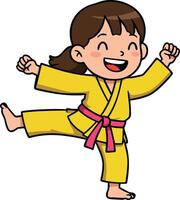 Young girl practicing karate in yellow uniform with pink belt performing high kick cheerful expression vector