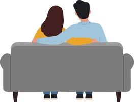 Couple sitting together on gray sofa seen from behind in simple flat design illustration vector