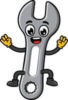 Animated happy wrench character with yellow gloves and expressive eyes in playful pose for tool concepts vector