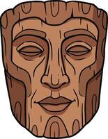 Wooden carved tribal mask with detailed facial features and textured grain surface art piece vector