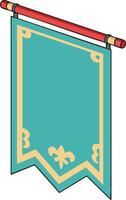 Decorative teal banner with golden trim and fleur-de-lis pattern hanging on red rod in isometric style vector
