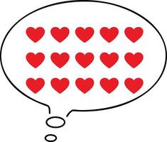 Thought bubble filled with multiple red heart symbols representing love and affection in simple line art style vector