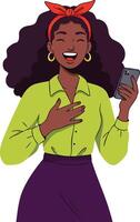 Young woman laughing while holding smartphone with red headband and green blouse in digital illustration vector