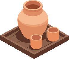 Terracotta water jar with two cups on wooden tray illustration in isometric style vector