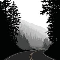 Winding mountain road through dense forest with layered pine trees and misty hills illustration vector