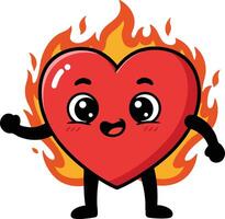 Heart character with flames around in cartoon style showing energetic emotion and happiness in bright red and orange colors vector