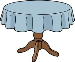 Round wooden table with blue tablecloth and carved pedestal base in simple design vector