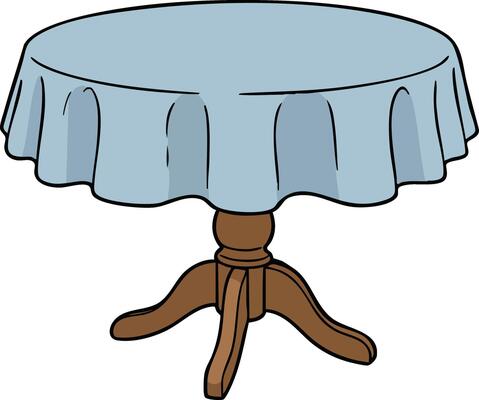 Round wooden table with blue tablecloth and carved pedestal base in simple design