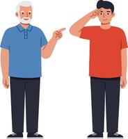 Elderly man pointing at young man saluting in casual clothes on white background natural gesture interaction vector