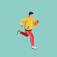 Man running in yellow jacket and red pants on blue background fitness exercise outdoors active lifestyle vector