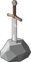 Sword embedded in stone medieval weapon illustration with metal blade and wooden handle graphic vector