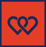 Interlocking hearts icon with navy blue outlines on bright red square background symbolizing love connection and unity vector