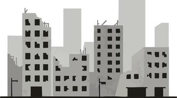Urban abandoned buildings silhouette with broken windows and damaged structure in gray shades cityscape illustration vector