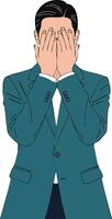 Man covering face with hands wearing blue suit jacket expressing shyness or embarrassment illustration vector