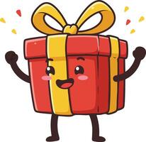 Animated cheerful red gift box with yellow ribbon and smiling face celebrating joyful occasion vector