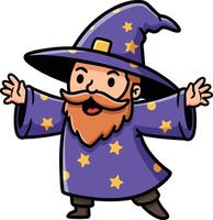 Cartoon wizard character in purple starry robe and hat with beard and mustache welcoming gesture illustration vector