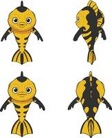 Yellow and black tropical fish character in multiple views illustration for marine life design vector