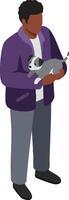Man holding small dog in purple jacket and gray pants illustration in standing pose vector